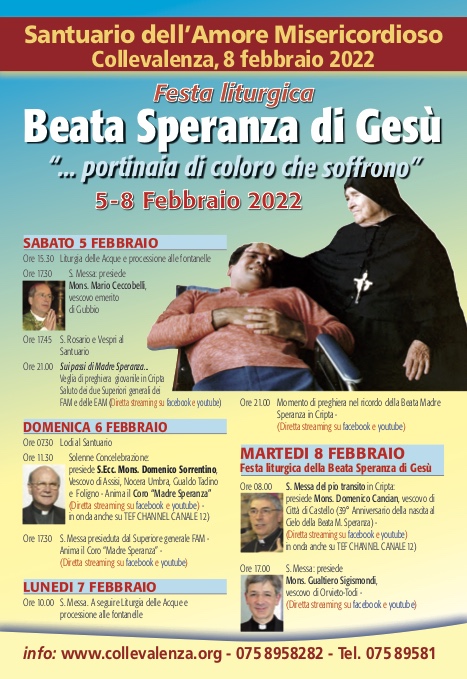 Programma 8 febbraio 2022 Festa Liturgica della Beata Madre Speranza di Gesù